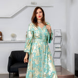 Wjczt Ramadan Eid Dubai Fashion Abayas Autumn Winter New Muslim Gilded Robe Femme V-Neck Printing Chiffon Evening Dress With Belt Plus