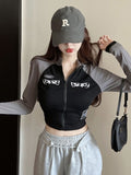 Wjczt Y2K Vintage T-shirt Women Spring Long Sleeve O Neck Crop Top Korean Fashion Vintage High Street Zip Up Skinny Tees Streetwear