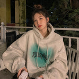 Wjczt Women's Grey Fashion Letter Printing Baggy Pullover Pocket Fleece Thicken Sweatshirt Lazy Casual Raglan Sleeves Hoodie Winter