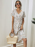 Wjczt Floral Print Shirred Waist Flared Hem Dress Summer Women Holiday Short Sleeve V-neck A-line Long Dress Robe Femme