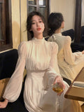 Wjczt Spring Turtleneck White Midi Dress Women  Long Sleeve French Elegant One Piece Dress Korean Fashion Y2k Clothing Design