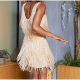 Wjczt 2023 New Sexy Tassel Sequins Feather Mini Dress Women Spaghetti Strap Stitching Dresses Female Elegant Evening Party Club Dress
