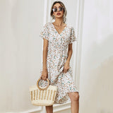 Wjczt Floral Print Shirred Waist Flared Hem Dress Summer Women Holiday Short Sleeve V-neck A-line Long Dress Robe Femme