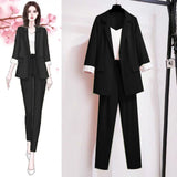 Wjczt 2022 Summer New Elegant Women's Pants Suit Stripe Flanging Long Sleeve Suit Jacket Vest Trousers Three Piece Set Female Blazer