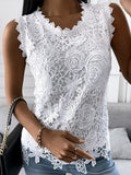 Wjczt Elegant Lace Patchwork Sleeveless Blouse Sexy Vintage Slim Shirt Women Summer Casual O Neck Solid Tanks Harajuku Top Tunics