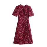 Wjczt A-line Elegant Ladies Dress French Style Robe Summer Women Red Floral Print Wrap Dress Vintage Short Sleeve