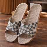 Wjczt New Checkerboard Linen Slippers Women 2022 Summer Indoor Home Shoes Household Non-slip Couple Four Seasons Men's Sandals Y