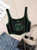 Wjczt Gothic Grunge Print Crop Tank Top for Women Summer Sleeveless Topstitching Patchwork Asymmetrical Cute Baby Tee Y2K Shirts