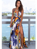 Wjczt Summer new women's fashion casual sleeveless halters V-neck leakback print beach slit dress