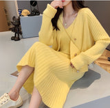 Wjczt Womans Clothes for Autumn Winter Loose Solid Knitwear Women's Two Piece V-Neck Casual Dress Set Long Sleeve Sweater Skirt