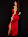 Wjczt Nightclub Style Dresses Strapless Sleeveless  Solid Color Slit Pleated Grace Long Dress Summer Sexy Red Dresses