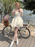 Wjczt Summer Chiffion Elegant Midi Dress Women Kawaii Clothing Short Sleeve Beach Style Party Dress Office Lady Korean Fashion