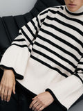 Wjczt Autumn New Women's High Collar Knitted Sweater Striped Slit Pullover Oversized Sweater Winter Clothes Women Thick Sweaters