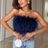 Wjczt 2022 New Fashion Women Sexy Furry Tops Camis Women Casual Tank Tops Female Chic Sleeveless With Real Ostrich Feather Tunic Vest