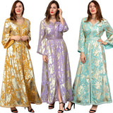 Wjczt Ramadan Eid Dubai Fashion Abayas Autumn Winter New Muslim Gilded Robe Femme V-Neck Printing Chiffon Evening Dress With Belt Plus