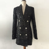 Wjczt Winter Designer Blazer Coat Women Double Lion Buttons Shawl Collar Glitter Sequined Long Runway Black Jacket Blazers