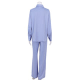 Wjczt Blue Elegant 2 Piece Women Pantsuit Office Satin Outfits Button Shirts And Wide Legs Long Pants Oversize Suit Ladies