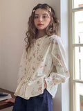 Wjczt Women Shirts French Romantic Broken Flowers Tops Autumn New Tuck Fold Sweet Casual  Long Sleeve Clothes