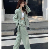 Wjczt Women Spring Autumn Solid Blazers Trousers Two Pieces Set 2022 Korean Office Lady Graceful Green Suit Coat+Wide Leg Pants Outfit