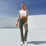 Wjczt High-Waisted Sports Leggings Stretch Slim Push Up Leggings Solid Color Foot Slit Flared Pants for Women