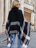 Wjczt Autumn Winter New Turtle Neck Plaid Fringed Shawl Cloak Fashion Casual Coat Cloak Pullover Women Sweater Long Sleeve Top