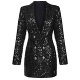 Wjczt Winter Designer Blazer Coat Women Double Lion Buttons Shawl Collar Glitter Sequined Long Runway Black Jacket Blazers