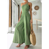 Wjczt Waist Folds Backless Double Strap Casual Wide Leg Jumpsuit Long Pants Green New Female Loose  Jumpsuit