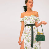 Wjczt Summer Floral Off Shoulder Puff Sleeve Maxi Dress For Woman Robe Sexy Lace Up Side Split Chic Mid-Calf Aesthetic Dress