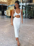 Wjczt Two Piece Set Women Summer Ankle-Length Skirts Women Crop Top Sexy Party Outfit Elegant Solid Hollow Out Skirts Sets