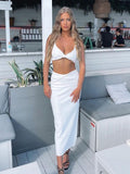 Wjczt Two Piece Set Women Summer Ankle-Length Skirts Women Crop Top Sexy Party Outfit Elegant Solid Hollow Out Skirts Sets