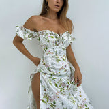 Wjczt Summer Floral Off Shoulder Puff Sleeve Maxi Dress For Woman Robe Sexy Lace Up Side Split Chic Mid-Calf Aesthetic Dress