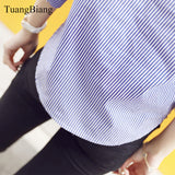 Wjczt 2022 New Spring Three Quarter Sleeve Stand Collar Shirt Women Blue And White Striped Loose Plus Size Blouse Female Vintage Tops