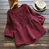 Wjczt Blouse Women Plus size Tunic Cotton Embroidery Blouse Shirts Ladies Tops O neck Casual