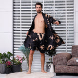 Wjczt Black Two-piece Robe Suit Male Silk Dragon Dressing Gown Extra large 5XL Robe With Dragons Mens Satin Bathrobe Silk Kimono Men