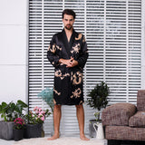 Wjczt Black Two-piece Robe Suit Male Silk Dragon Dressing Gown Extra large 5XL Robe With Dragons Mens Satin Bathrobe Silk Kimono Men