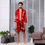 Wjczt Black Two-piece Robe Suit Male Silk Dragon Dressing Gown Extra large 5XL Robe With Dragons Mens Satin Bathrobe Silk Kimono Men