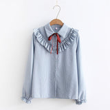 Wjczt 2022 Woman Striped Shirt Single Breasted Ruffles Turn down Collar Long Sleeve  Chiffon Blouse Lace Up Bow Feminina HOT T8D407Z