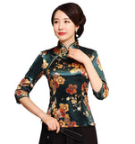 Wjczt Chinese Button Woman&#39;s Shirt chinese traditional top 3/4 Sleeve cheongsam top Velvet traditional Chinese blouse