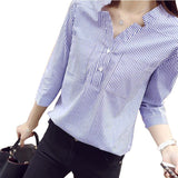 Wjczt 2022 New Spring Three Quarter Sleeve Stand Collar Shirt Women Blue And White Striped Loose Plus Size Blouse Female Vintage Tops