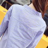 Wjczt 2022 New Spring Three Quarter Sleeve Stand Collar Shirt Women Blue And White Striped Loose Plus Size Blouse Female Vintage Tops