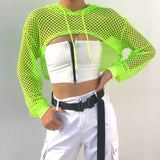 Wjczt Streetwear Neon Green Mesh Fishnet Top Women Tshirt Perspective Smock Long Sleeve Women&#39;s T-shirts Sexy Cropped Shirt