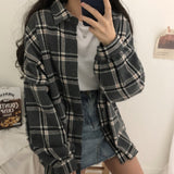 Wjczt  Flannel Oversized Shirt Long Sleeve Collared Boyfriend Plaid Blouse Fall Winter Women&#39;s Blouses &amp; Shirts *