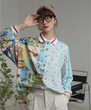 Wjczt Spring and Autumn Long Sleeve Polo Blouse Women&#39;s Loose Chinese Style Splicing Retro Printed Shirt Women Plus Size Women Shirts