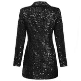 Wjczt High Quality Fashion 2022 Designer Blazer Women Double Lion Buttons Shawl Collar Glitter Sequined Long Runway Black Blazers