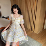 Wjczt French Floral Dress Women Sexy Puff Sleeve Lace Chiffon Print Mini Dress Women Summer Korean Style Vintage Fairy Dress New 2022