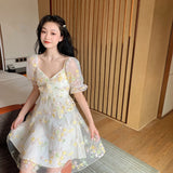 Wjczt French Floral Dress Women Sexy Puff Sleeve Lace Chiffon Print Mini Dress Women Summer Korean Style Vintage Fairy Dress New 2022