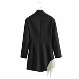 Wjczt Women 2022 Fashion Double-breasted Blazers Coat Vintage Long Sleeves Female Black Slim Tassel Drill Decoration Chic Outerwear