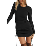 Wjczt 2022 Autumn Winter New Fashion Sexy O Neck Women&#39;s Mini Dress Casual Tunic Solid Bandage Long Sleeve Ladies Dress Basic