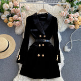 Wjczt Blazer Coat Women Velvet Suit Jacket Winter Double Breasted Long Sleeve Ladies Black Blazer Belt Women Slim Suit Blazer Outwear