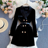 Wjczt Blazer Coat Women Velvet Suit Jacket Winter Double Breasted Long Sleeve Ladies Black Blazer Belt Women Slim Suit Blazer Outwear